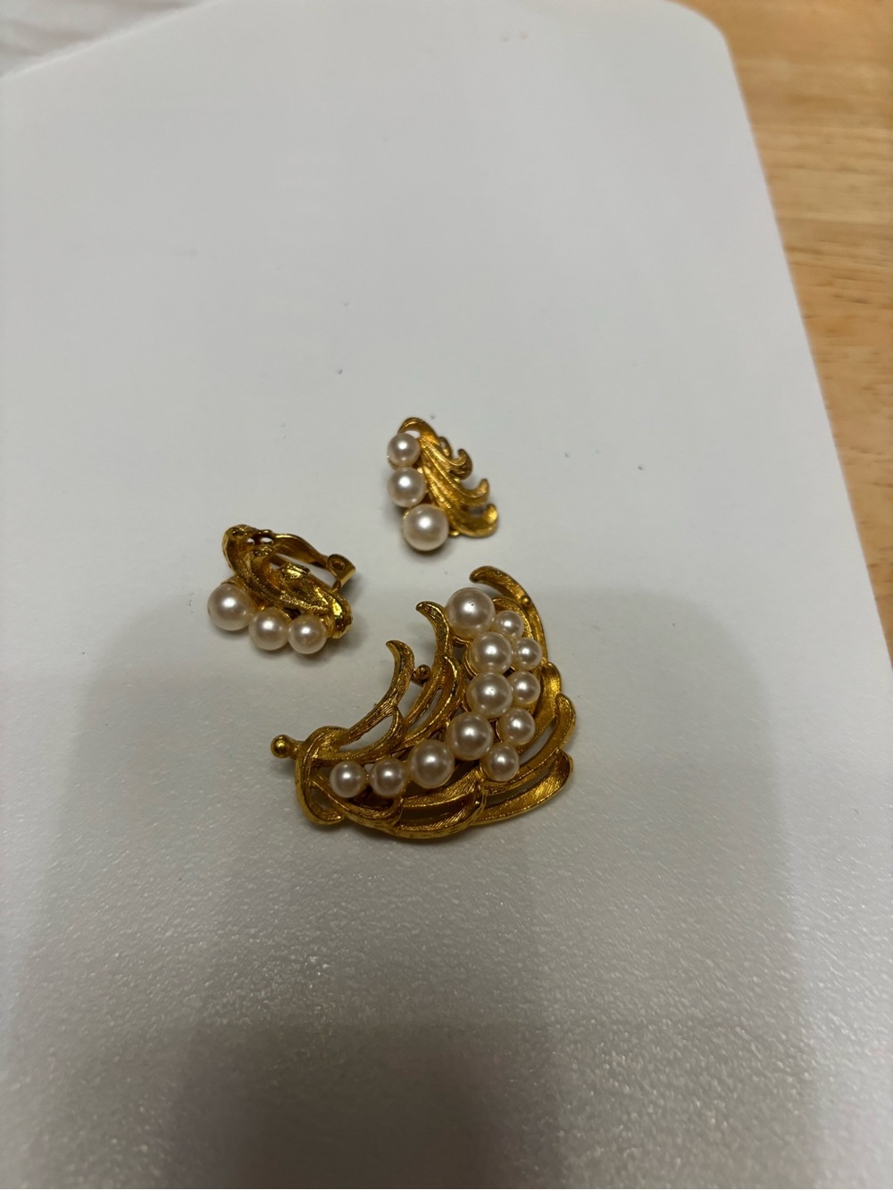 Gold-Tone Pearl Swirl Brooch and Clip-On Earrings Set